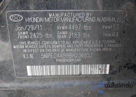 2011 Hyundai Sonata Limited 2.0T z USA, uszkodzony, nr VIN 5NPEC4AB9BH236852